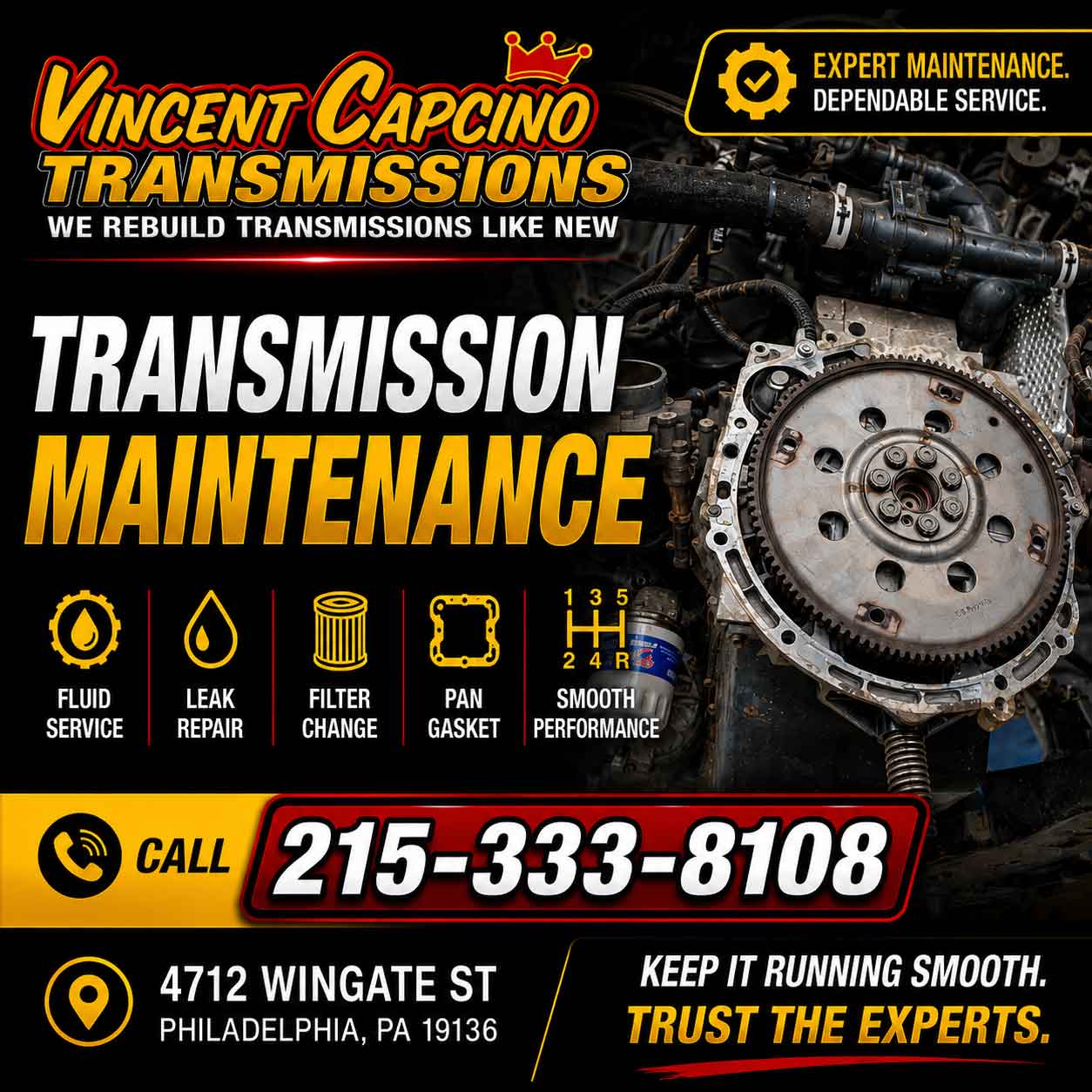 Tranmission Repair Northeast Philadelphia 19136 19114 19152 Vincent Capcino TRANSMISSION SERVICE
Vince Capcino's Transmissions Services all makes and models of Tranmissions