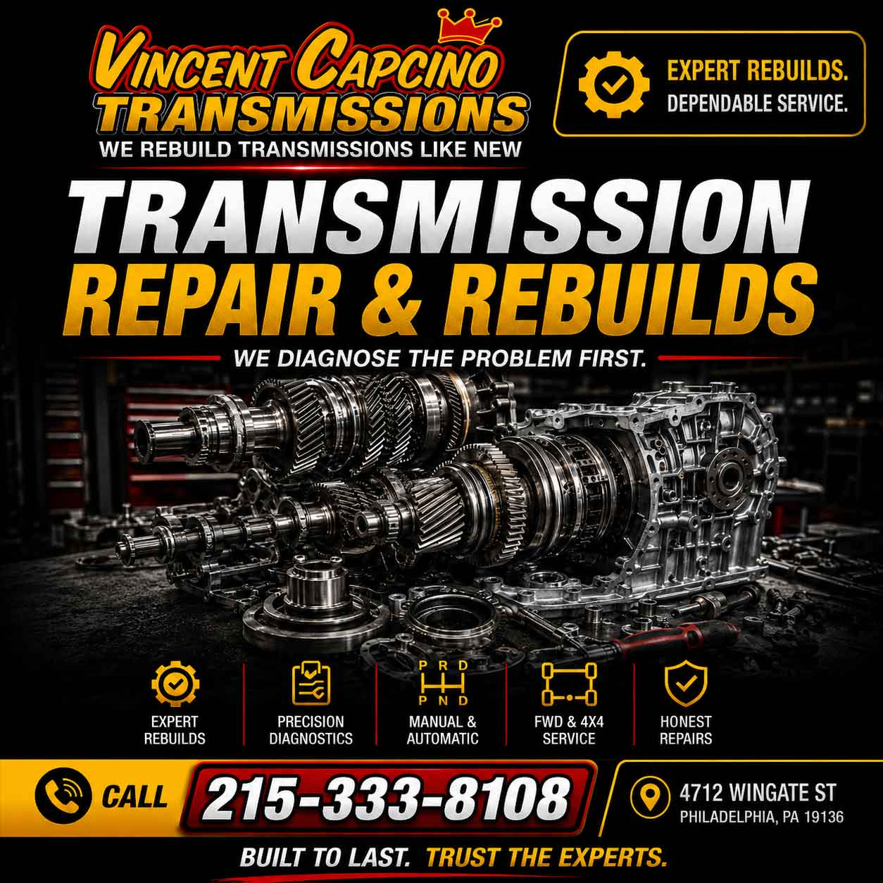Tranmission Repair Northeast Philadelphia 19136 19114 19152 Vincent Capcino TRANSMISSION REPAIR
Vince Capcino's Transmission repairs all makes and models of transmissions